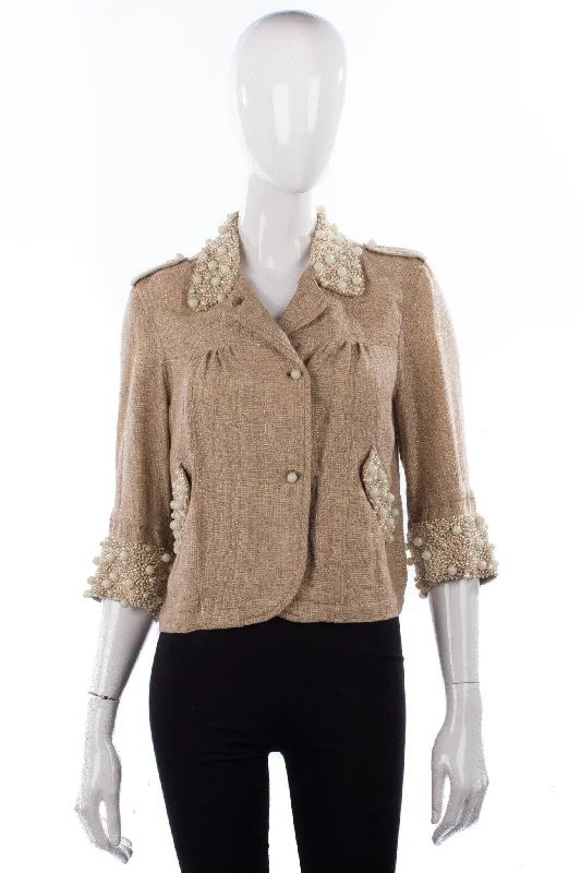 Classic Retro Blank London Sparkly Linen Cropped Jacket with Pearl Details Size S