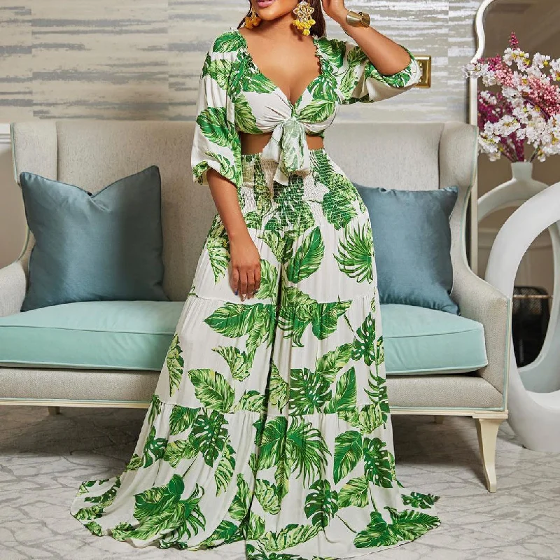 Sports Fashion Casual Leaf Print Two Pieces Women Suits