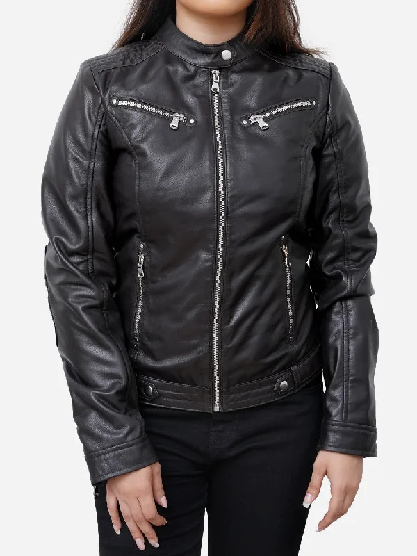 Fashionable And Versatile Sofia Real Sheepskin Classic Black Leather Jacket