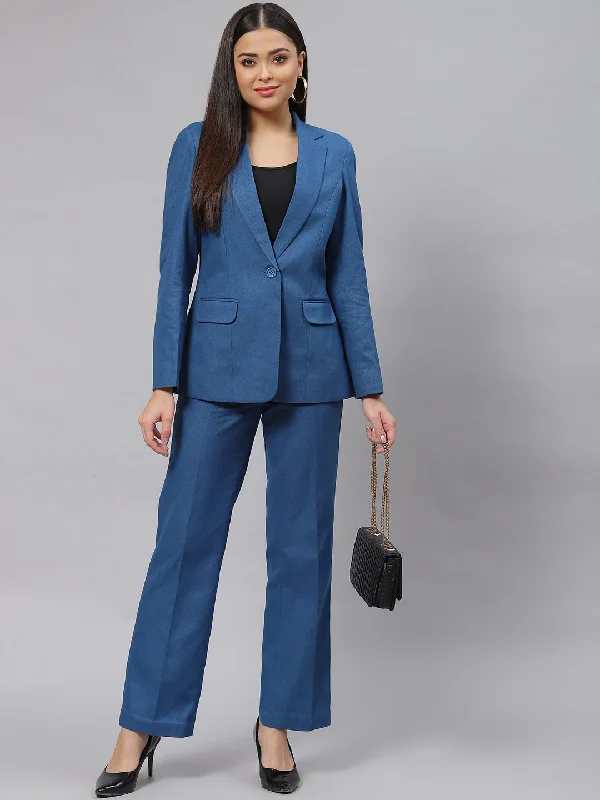 Fashionable And Fashionable Warm Tweed Pantsuit - Teal Blue