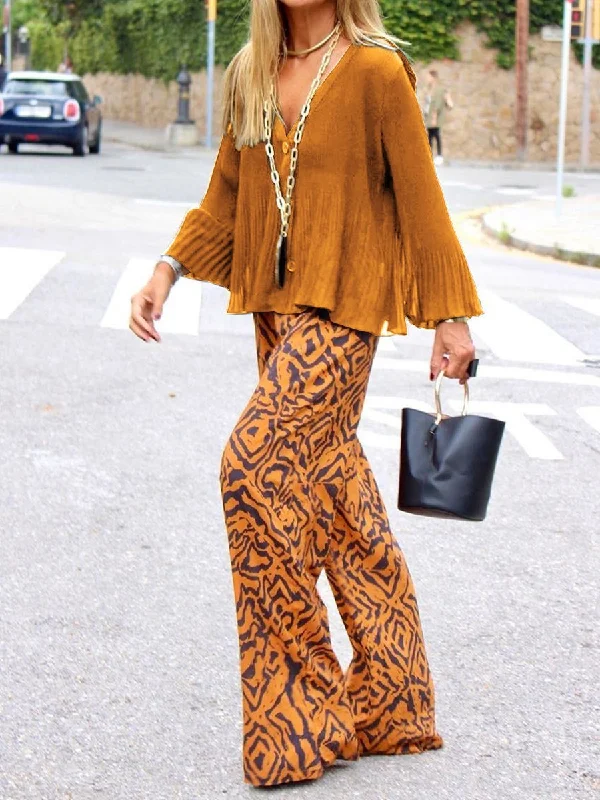 Classic Color Fashion V Neck Loose Top Pants Suit