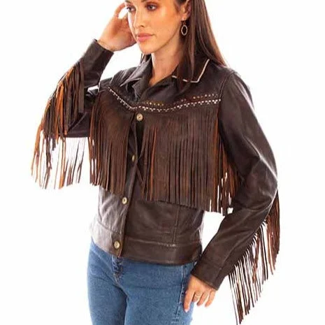 High-end Customization Scully Women's Chocolate Leather Fringe Jacket