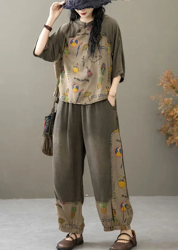 Body Design New Khaki Print Pockets Patchwork Denim Two Pieces Set Half Sleeve