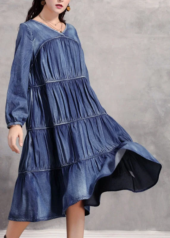 Fashion Design Casual Blue V Neck Wrinkled Patchwork Denim Long Dress Long Sleeve