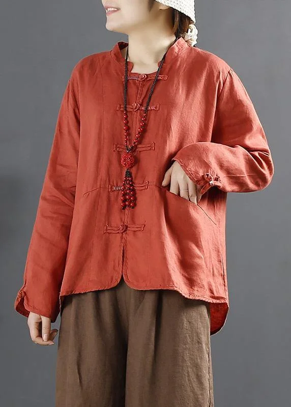 Classic Style Organic Orange Chinese Button Silhouette Blouses