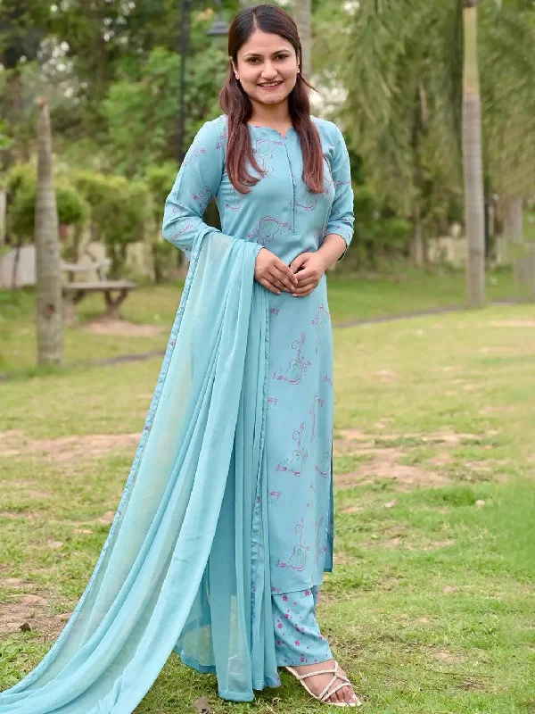 Must-have For Fashion Blue Printed Rayon Straight Kurta With Palazzos & Dupatta