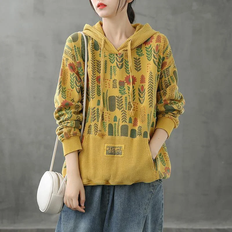 Comfortable Fashion Organic hooded fall crane tops Neckline yellow Plant printing shirts