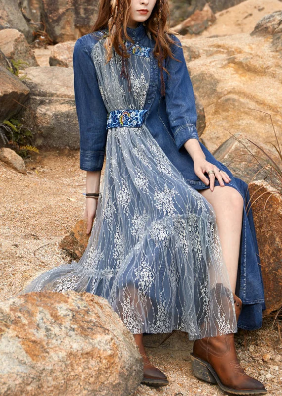 Fashionable And Fashionable Chic Blue Turtleneck Asymmetrical Tulle Patchwork Long Denim Dress Spring