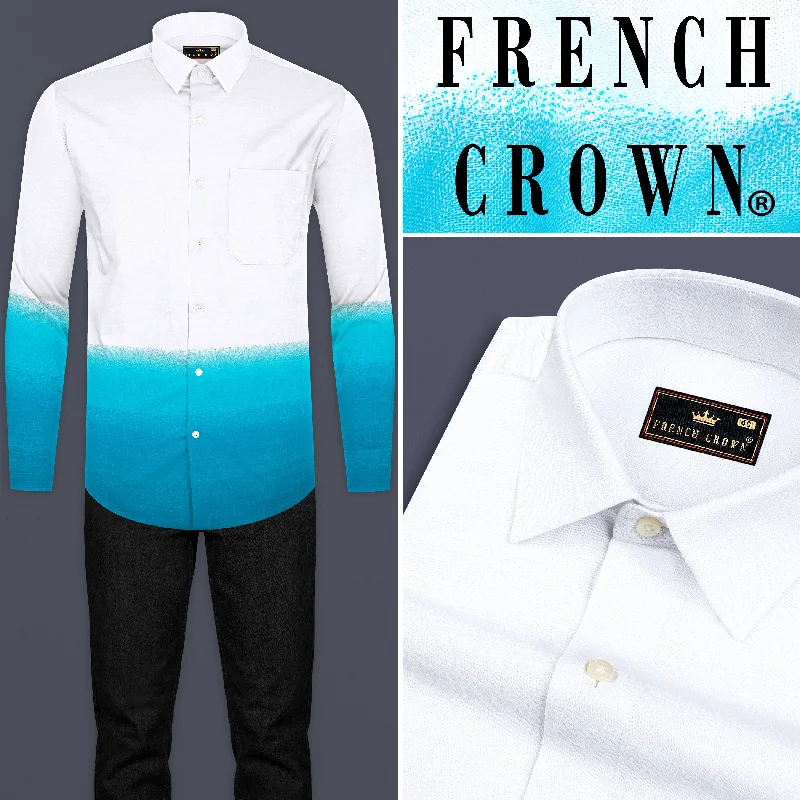 Fashionable Prints Bright White and Dark Turquoise Blue Chambray Textured Premium Cotton Shirt