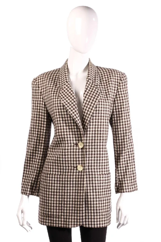 Sports And Leisure Jaeger Long Jacket Silk and Wool Brown Check Size 8/10