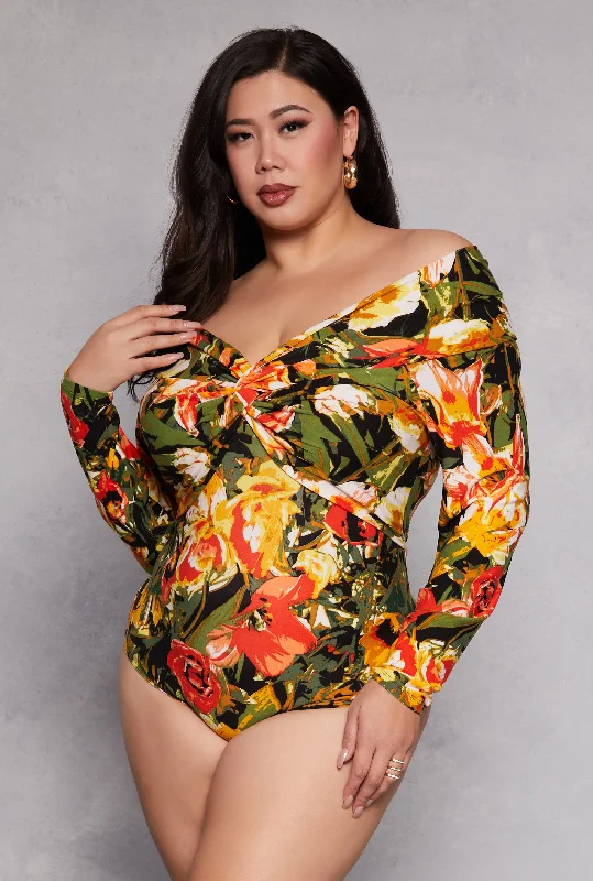 Quality Tailoring Plus Size Patterned Twist Front Bodysuit