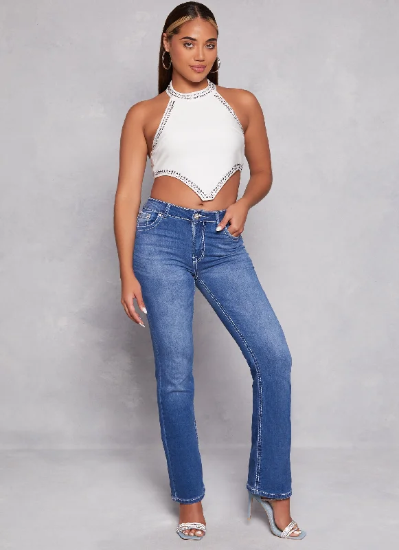 Multifunctional Style WAX Rhinestone Pocket Detail Flare Jeans