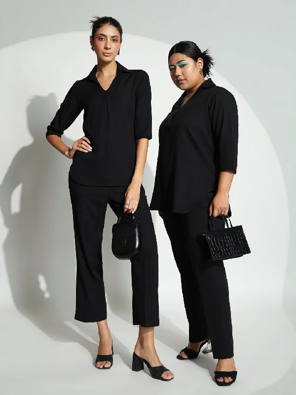 Personalized Design V-Neck Shirt Collar with Box Pleat Pant Suit - Black