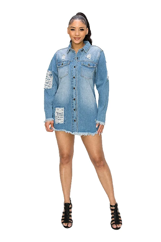 Fashion Innovation Women's Bandana Distressed Oversized Long Button Denim Shirt