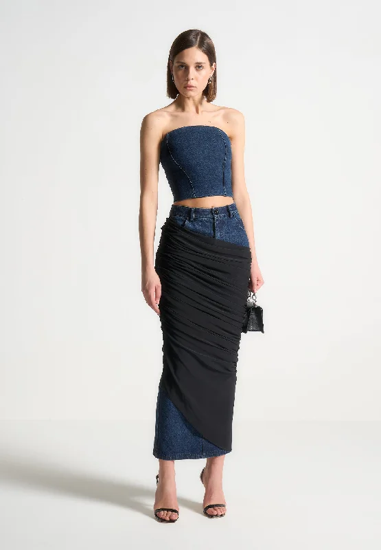 Classic Retro Draped Mesh Denim Maxi Skirt - Indigo