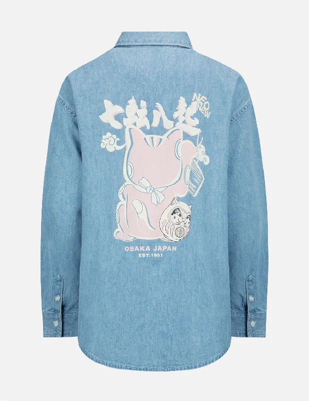 Elegant Wear Fortune Cat with Daruma Print Denim Shirt