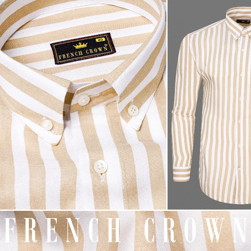 Celebrity Picks Pavlova Brown and Bright White Vertical Striped Premium Tencel Shirt