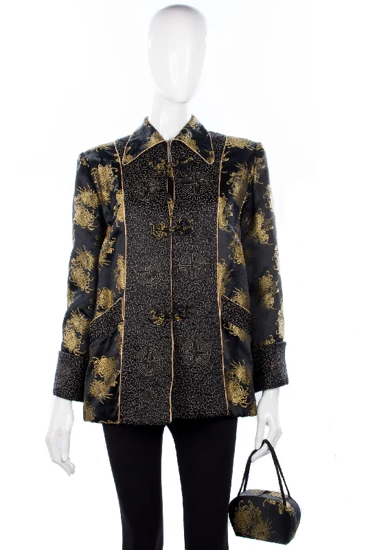 Luxury Customization Arjan Hong Kong Padded Chinese Jacket and Bag Silk Black and Gold Size L