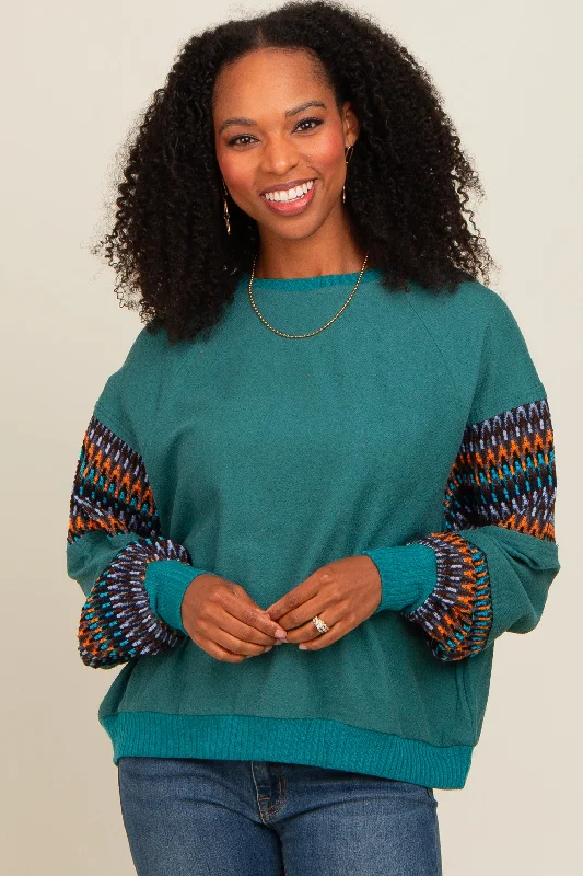 Dressing Tips Teal Knit Contrast Sleeve Pullover