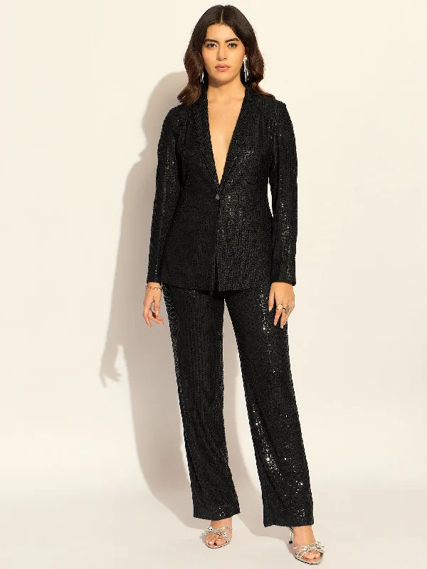 Fashion Selection Black Sequined Single-Breasted Party Blazer With Trouser In Stretchable Fabric