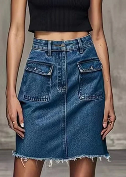 Simple Design New Blue Pockets High Waist Denim Skirt Summer