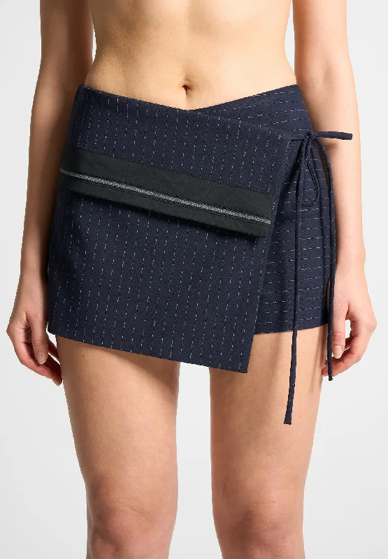 Age-reducing Style Pinstripe Tailored Mini Skort with Tie - Navy