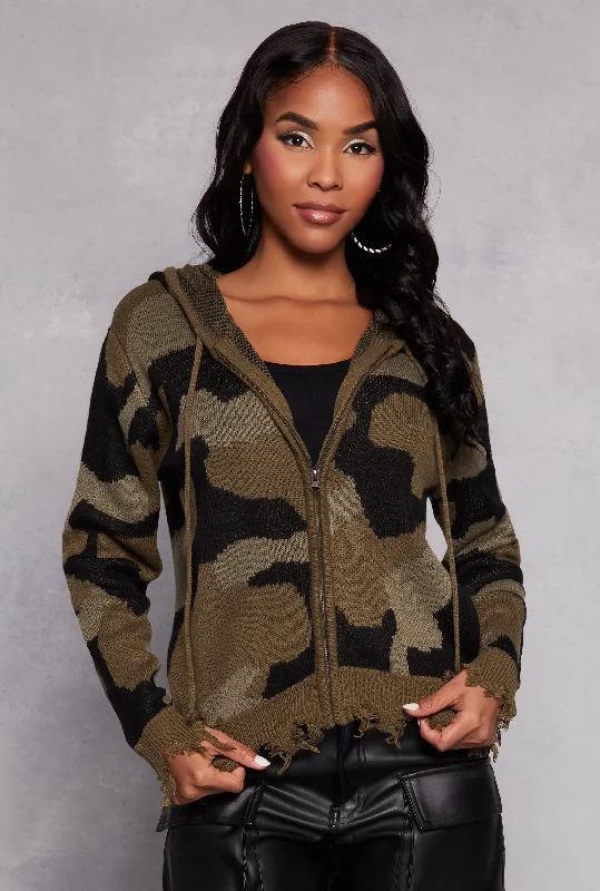 Exquisite Details Distressed Camo Zip Front Hooded Sweater