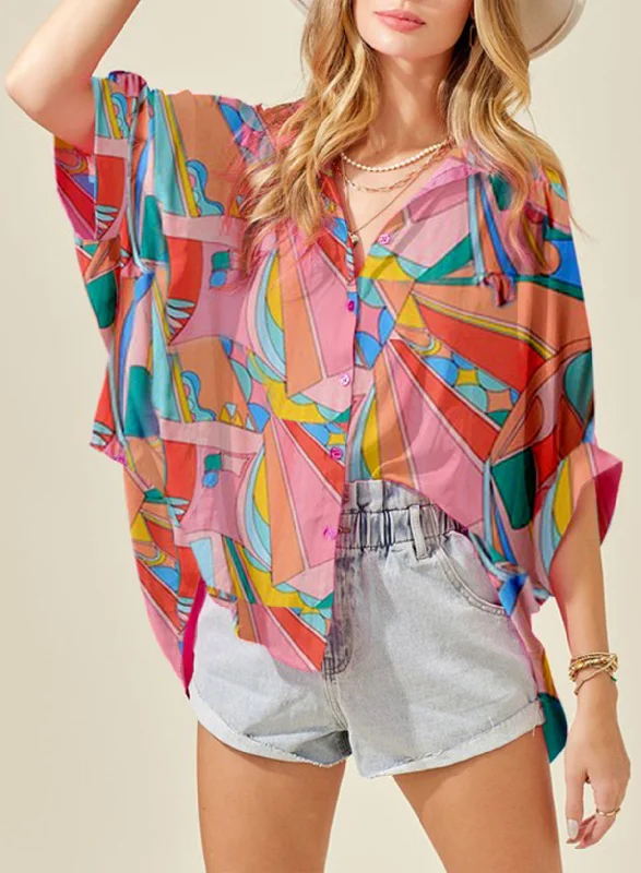 High Street Fashion Printed Dolman Sleeve Collared Shirt