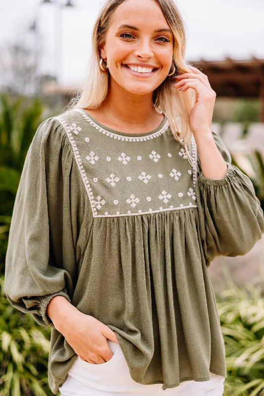 Elegant Wear Show Your Joy Olive Green Embroidered Top