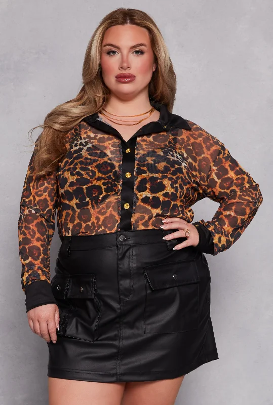 Fashionable Items Plus Size Leopard Mesh Button Front Shirt