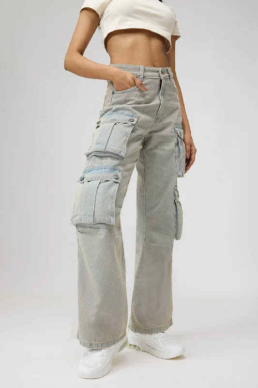 Classic Retro Skyline Blue Street Style Cargo Jeans