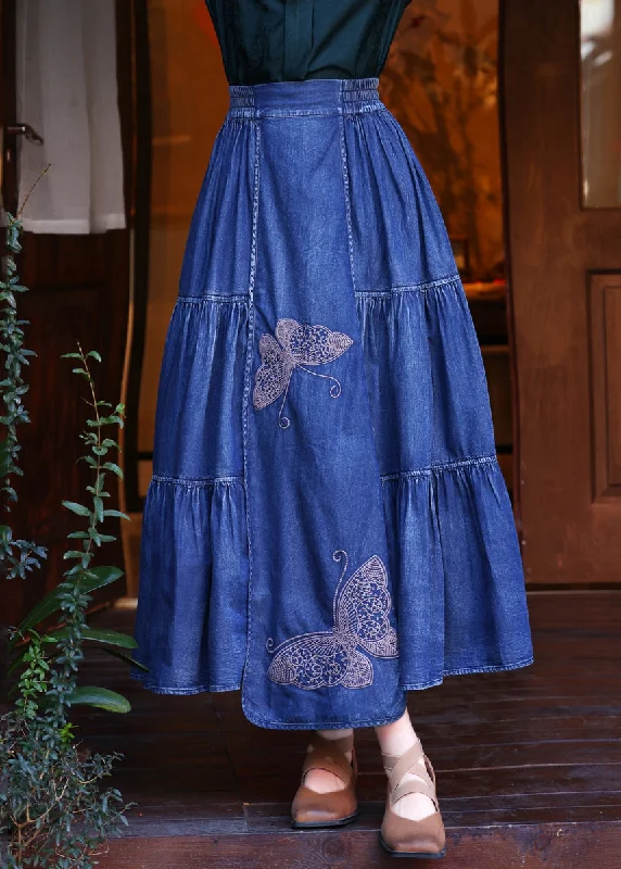 Artistic Temperament Loose Denim Navy Butterfly Embroidered Elastic Waist Maxi Skirts Summer