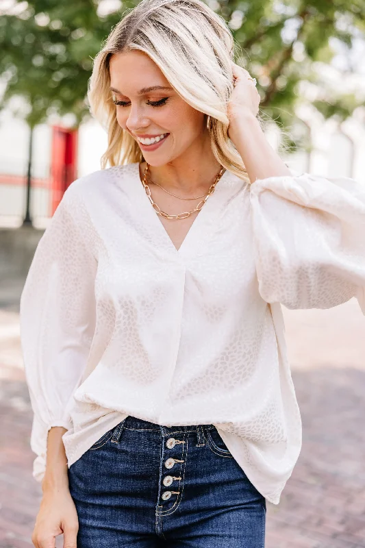 Elegant And Charming Put On A Show Ivory White Satin Leopard Blouse