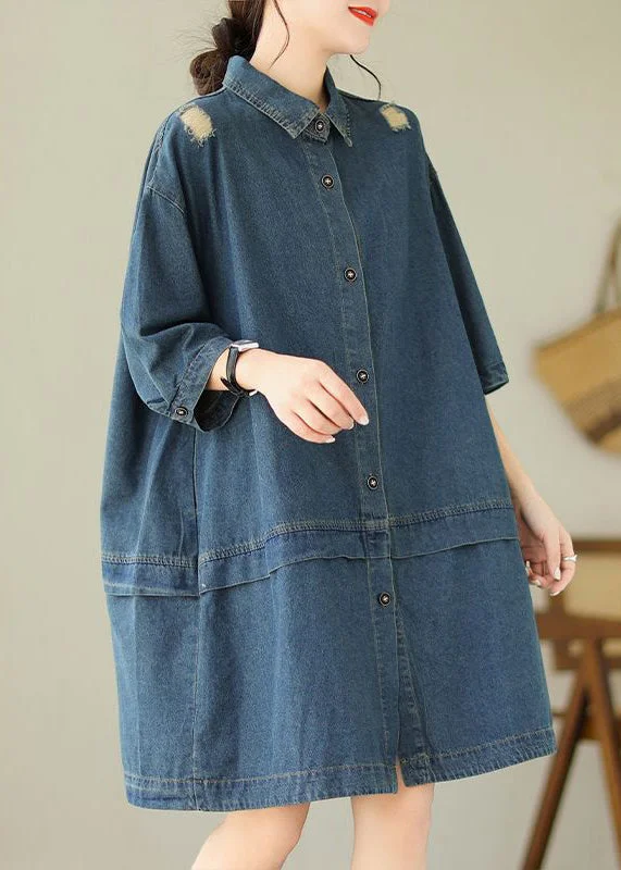 Sports Trend Loose Blue Peter Pan Collar Button Denim Mid Dress Half Sleeve