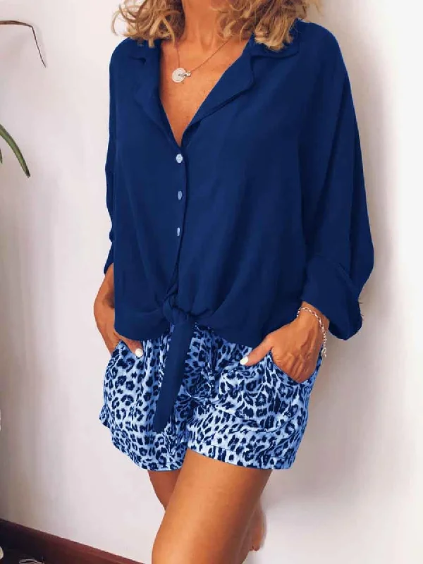 Age-reducing Style Casual Loose V-Neck Shirt Leopard Print Shorts Suit