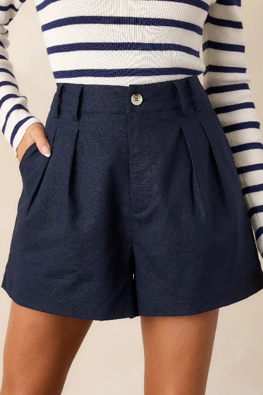 Simple Matching Echoes Of Dreams Navy Pleated Linen Shorts