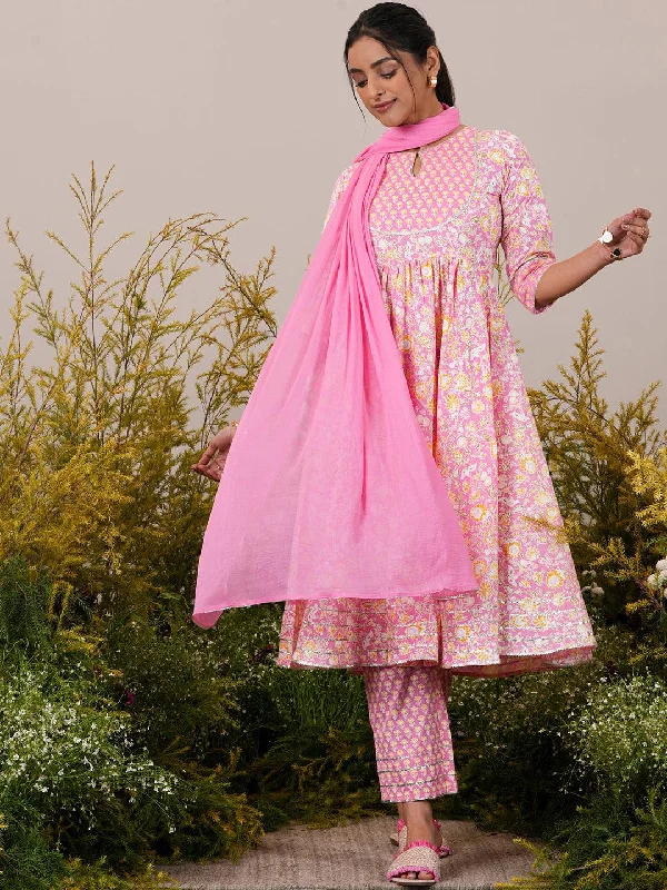 Lace Design Pink Yoke Design Cotton Anarkali Suit With Dupatta