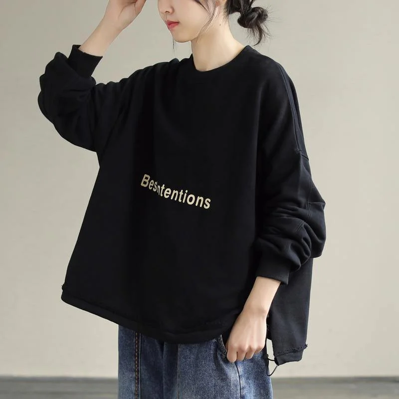 Personalized Wear Organic Drawstring cotton Alphabet Prints Top Silhouette Sleeve Black Sweatshirt