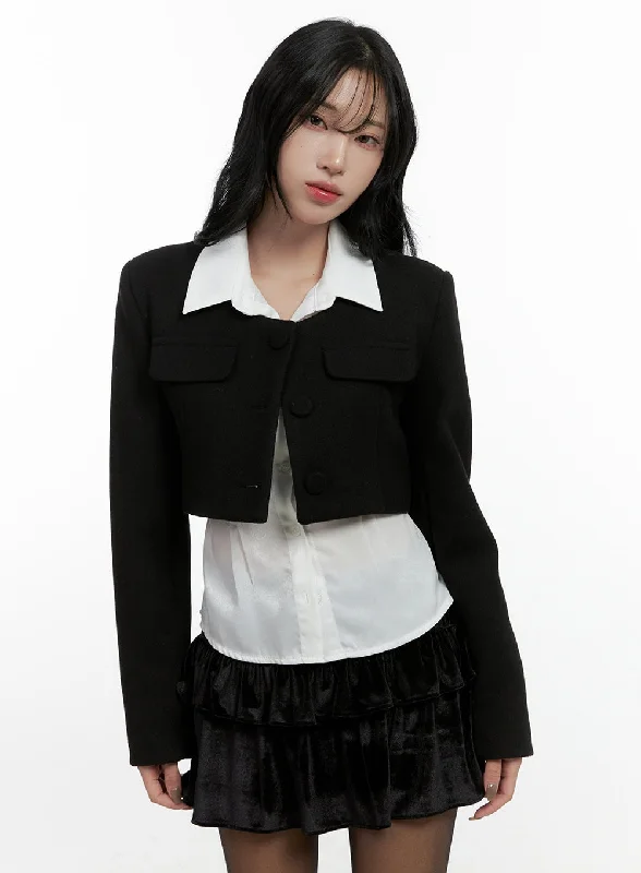 Classic Style Collarless Button-Up Cropped Jacket CN407