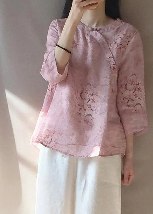 High Street Fashion Organic Pink Print Blouses For Women O Neck Chinese Button Daily Tops