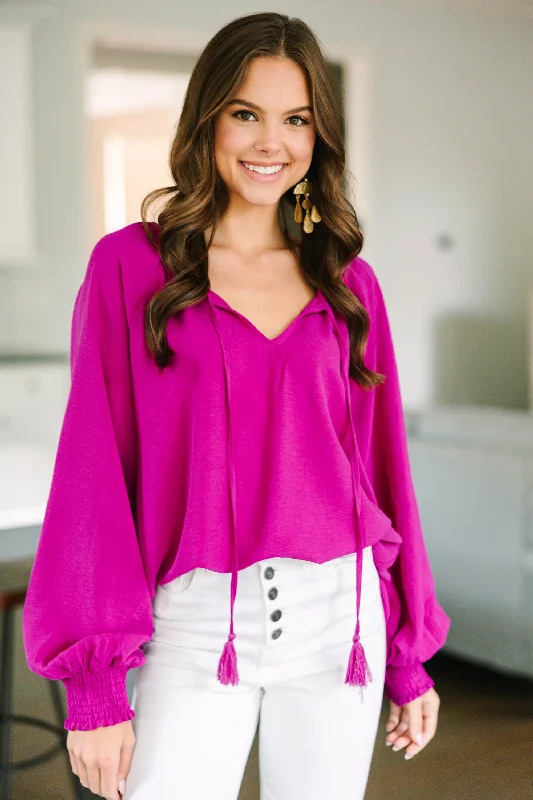 Fashion Must-have One Of A Kind Magenta Purple Tie Neck Blouse