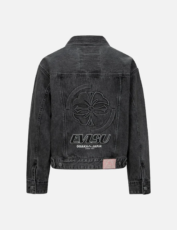 Perfect Tailoring Seagull Embroidery and Kamon Embossed Print Loose Fit Denim Jacket