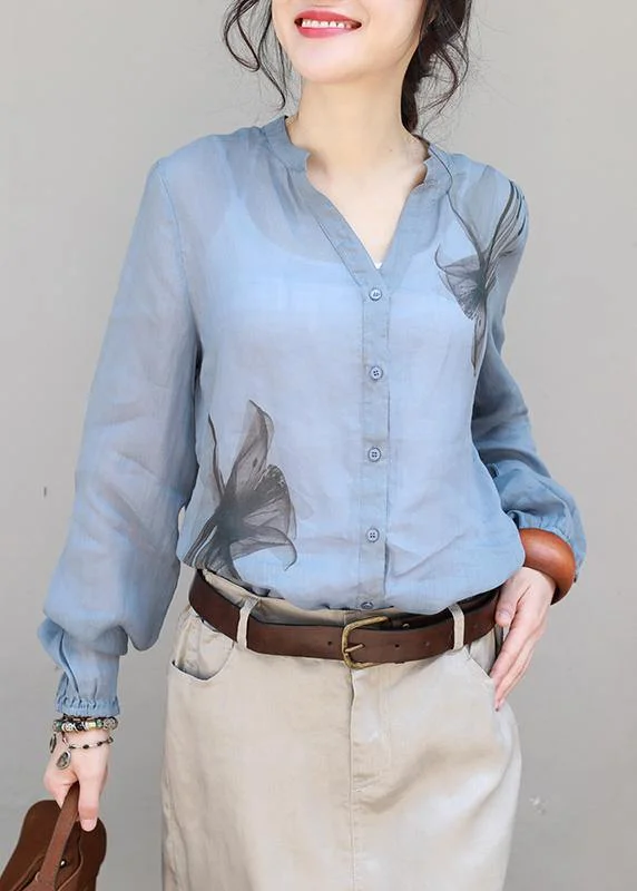 Fresh And Fashionable Organic v neck linen tops women blouses Sleeve blue print top