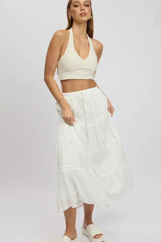 Elegant Design White Maxi Skirt Tiered High Rise Lace Trim