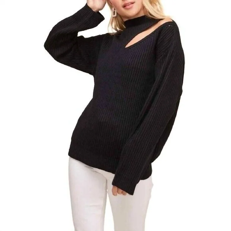 Fashion Innovation Neck Cutout Ribbed Knit Mock Neck Sweater In Black