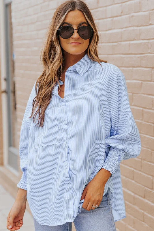 Classic Style Striped Lantern Sleeve Collared Shirt