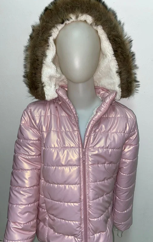 Youthful Vitality Rose Metallic Puffer Jacket With Brown Fur