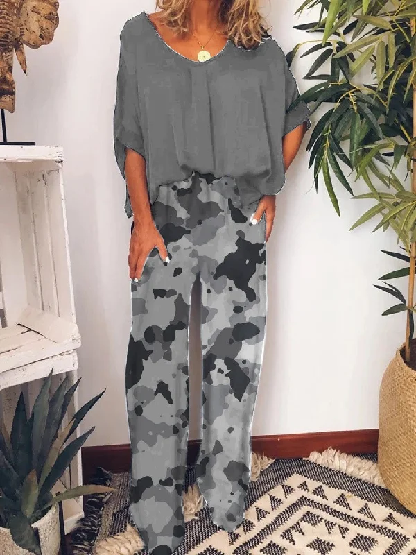 Sports And Leisure Fashionable Casual Loose Top Pants Camouflage Print Suit