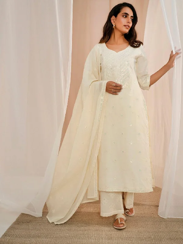 Unique Prints Off White Embroidered Cotton Straight Suit With Dupatta