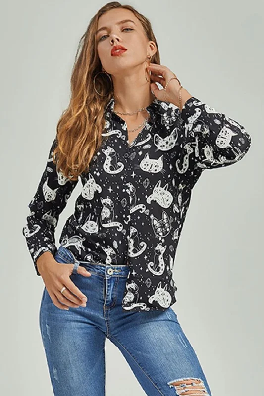 Bright Colors Cat Print Button-Up Shirt